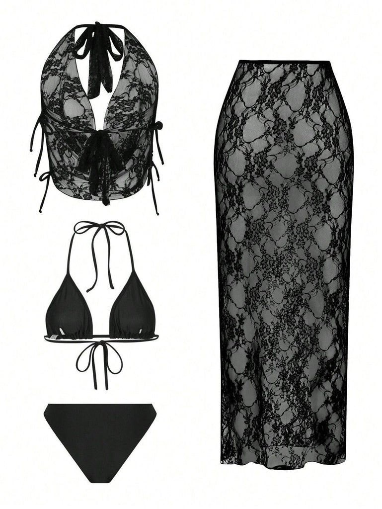 80er Bikini-Set & Cover-Up mit Spitze und 4 Stück
