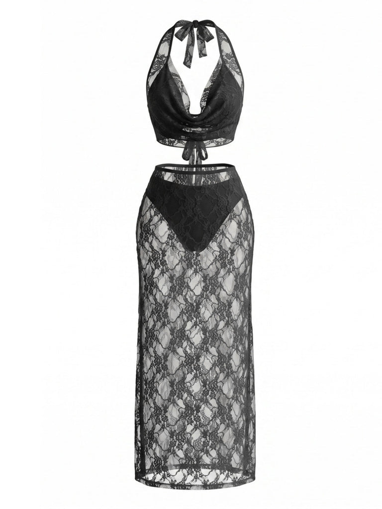 80er Bikini-Set & Cover-Up mit Spitze und 4 Stück