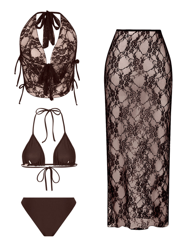 80er Bikini-Set & Cover-Up mit Spitze und 4 Stück