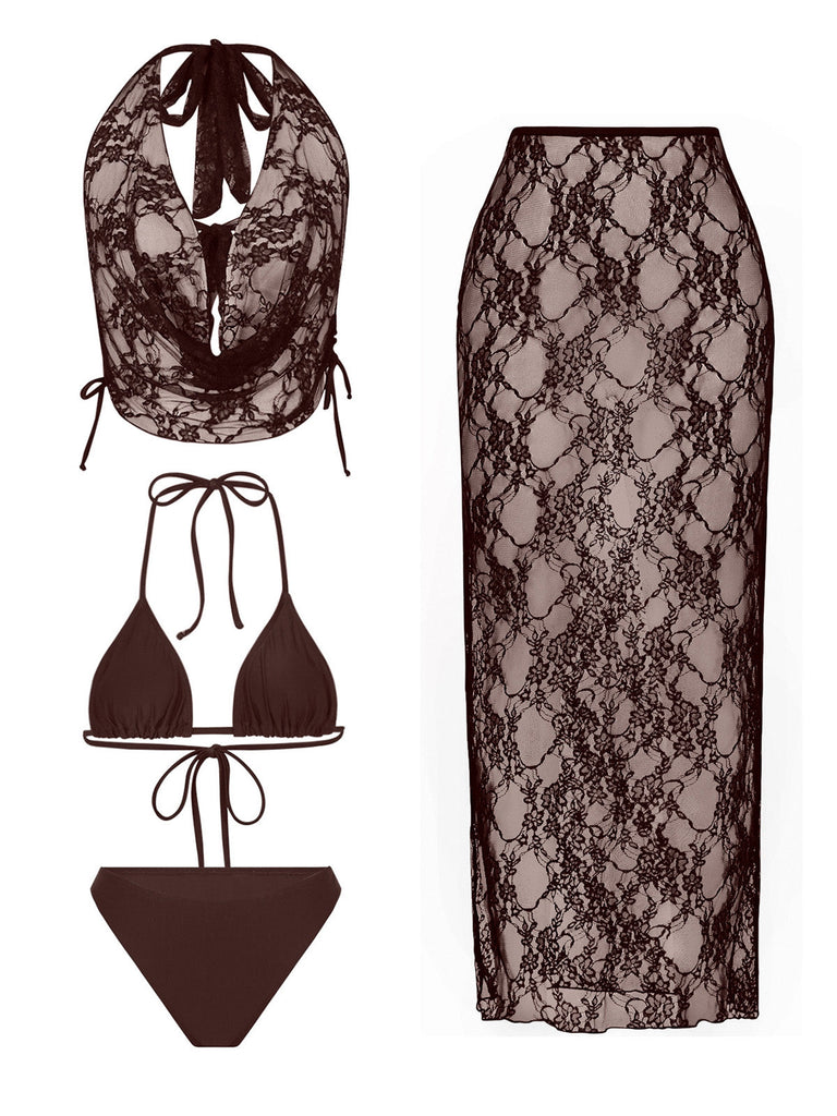 80er Bikini-Set & Cover-Up mit Spitze und 4 Stück