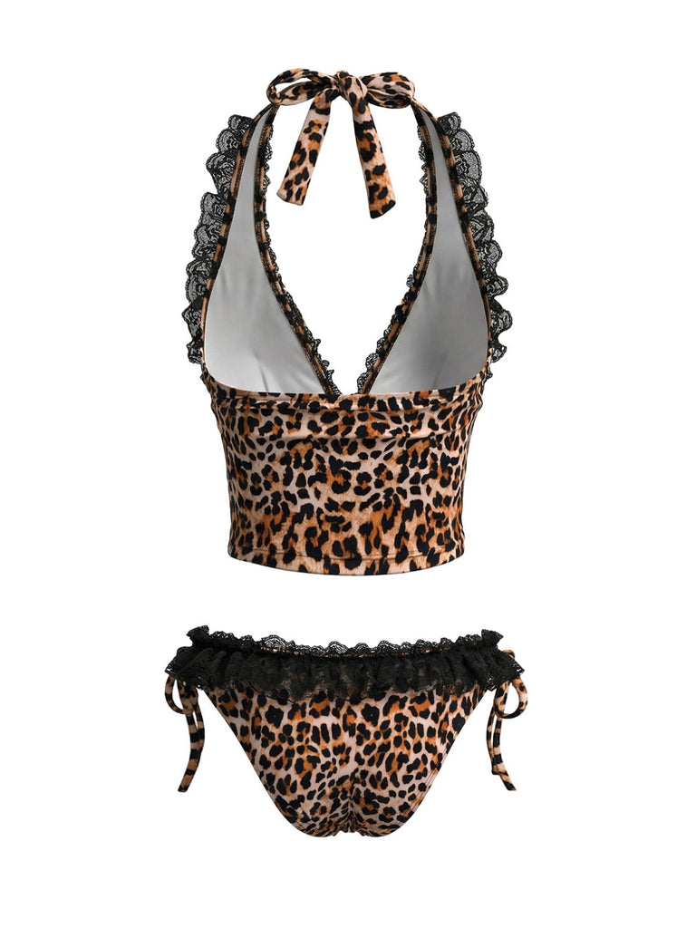 Braunes 80er Bikini-Set mit Neckholder und Leoparden-Print
