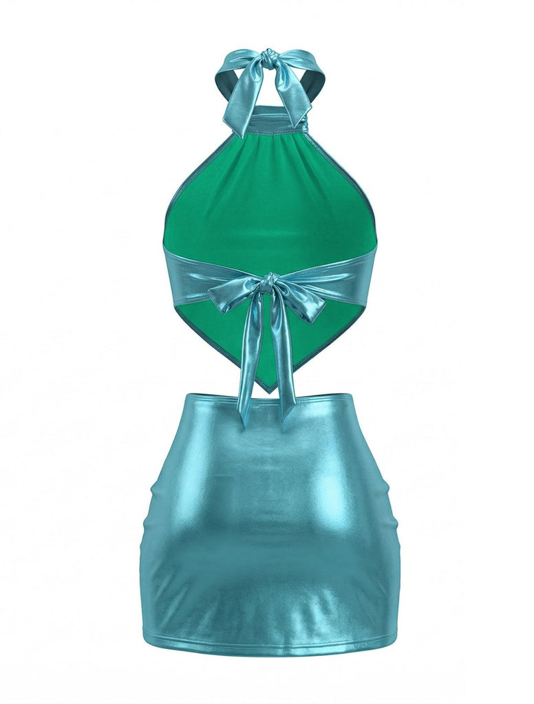 1980er Metallic Halter Rückenbindung Mini Kleid