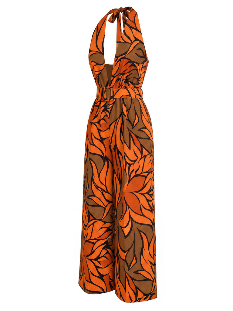 70er Tropen Jumpsuit mit Tiefer V-Ausschnitt und Neckholder