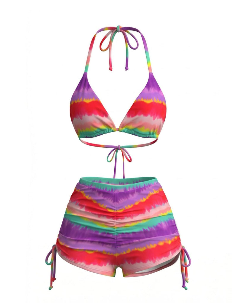 Regenbogen 1980er Streifen Rückenfrei Halfter Bikini & Hohe Taille Shorts