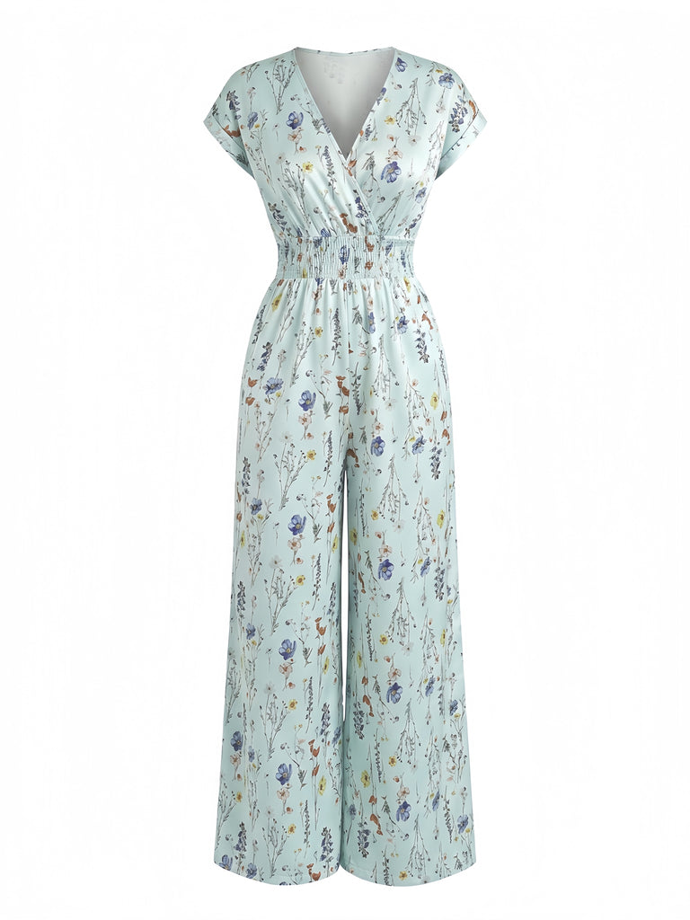 70er Boho Jumpsuit mit Kappärmel und V-Ausschnitt