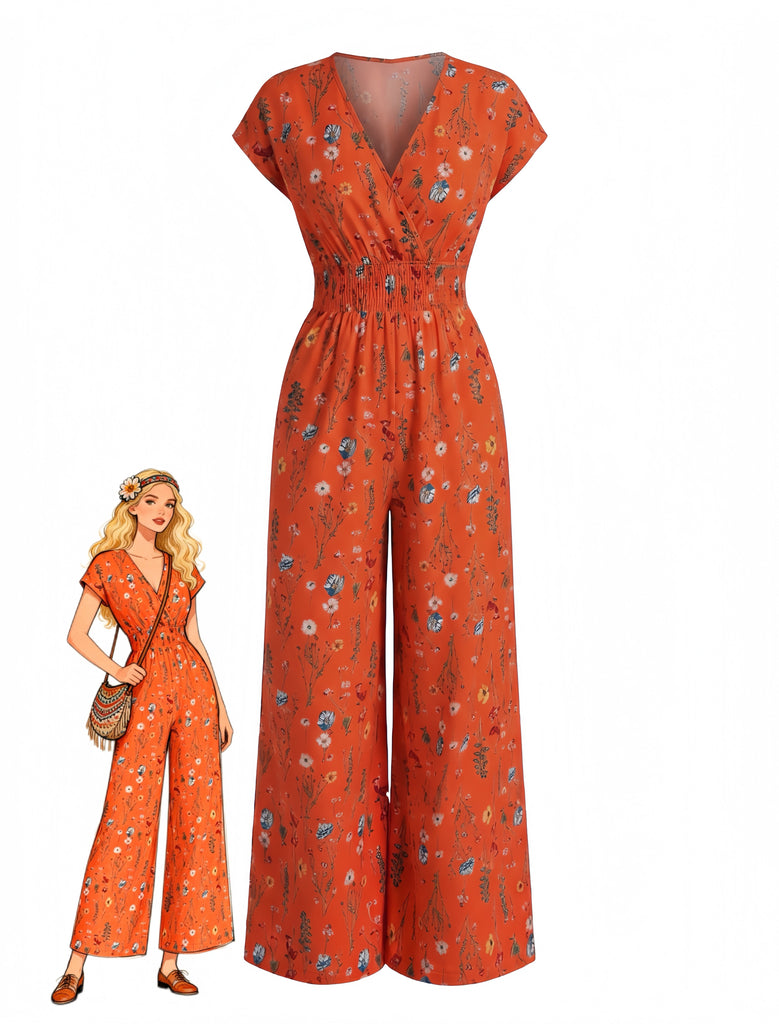 70er Boho Jumpsuit mit Kappärmel und V-Ausschnitt