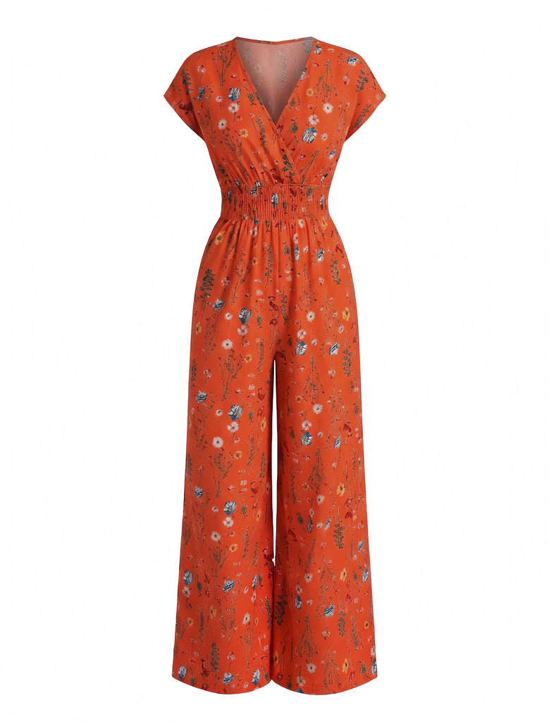 70er Boho Jumpsuit mit Kappärmel und V-Ausschnitt