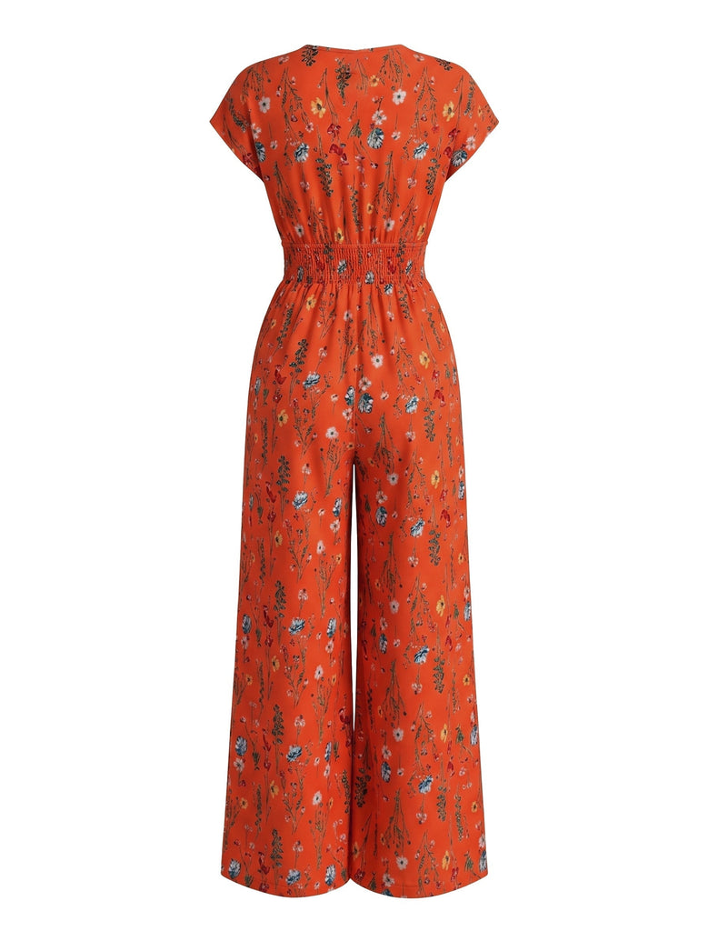 70er Boho Jumpsuit mit Kappärmel und V-Ausschnitt