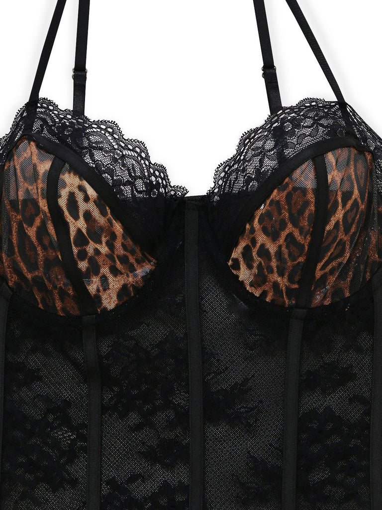 Detail: Leoparden-Spitzenbody mit Schürze aus den 1980er-Jahren, zeitlose Schönheit, perfekt für Vintage-Modeliebhaber