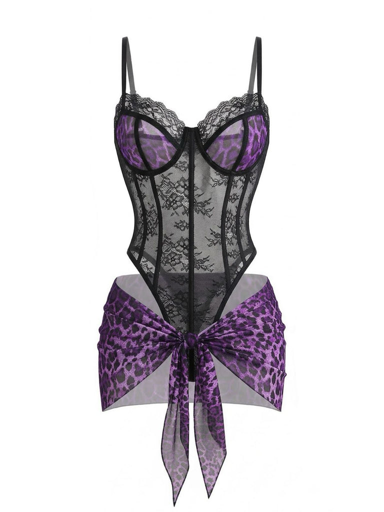 Vorderseite: Leoparden-Spitzenbody mit Schürze im Stil der 1980er-Jahre, Retro-Design, perfekt für Vintage-Modeliebhaber