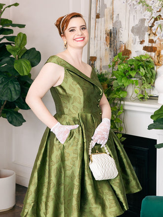 1950ER GRÜNES SCHULTERFREIES VINTAGE KLEID