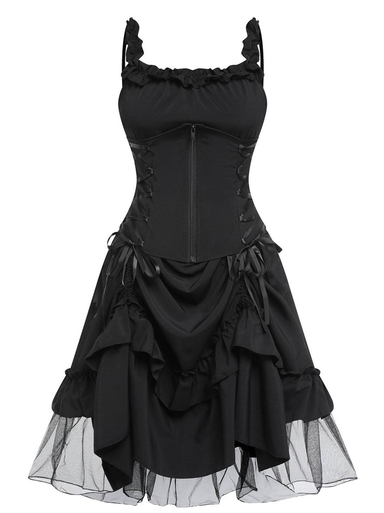 [Übergröße] Gothic Schwarzes 1950er Halloween Mesh Swing Kleid