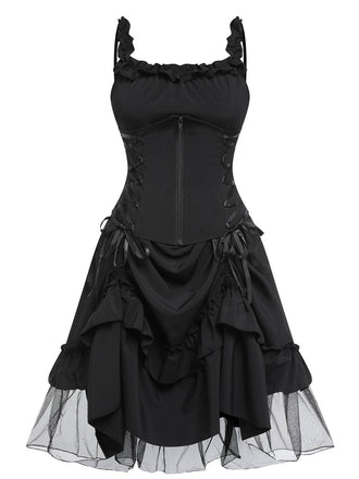 [Übergröße] Gothic Schwarzes 1950er Halloween Mesh Swing Kleid