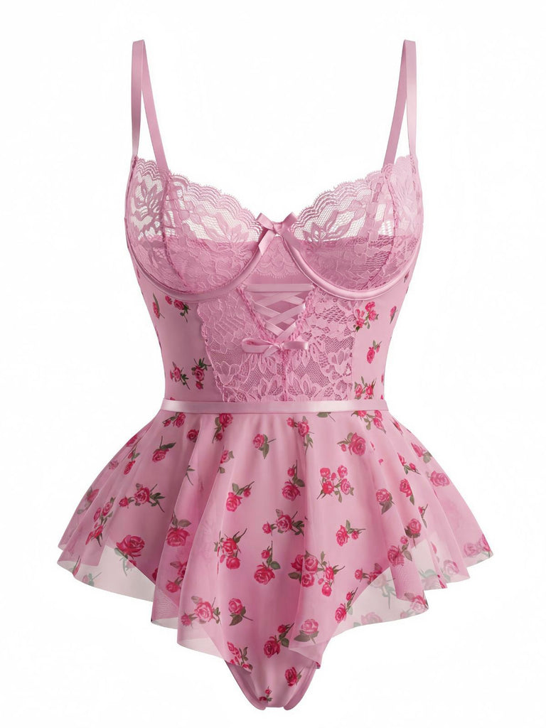 Rosa 1930er Slip Rosen Bogen Spitze Nachtwäsche