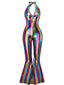 Mehrfarbig 1970er Regenbogen Farbblock Disko Halter Jumpsuit