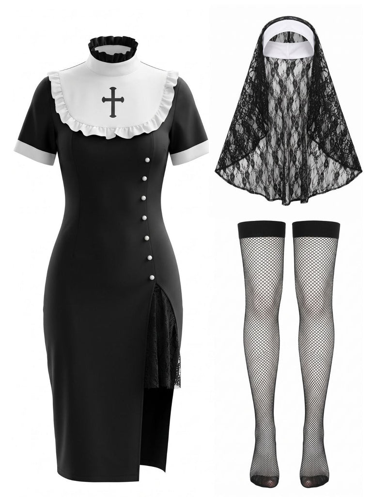 Schwarzes 80er Gothic Nonnenkleid mit Schleier und Strümpfen