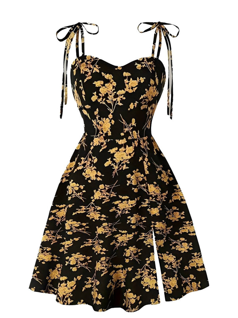 [Große Größen] Orange 1940er Kleine Blumen Spaghetti Träger Schnürung Kleid