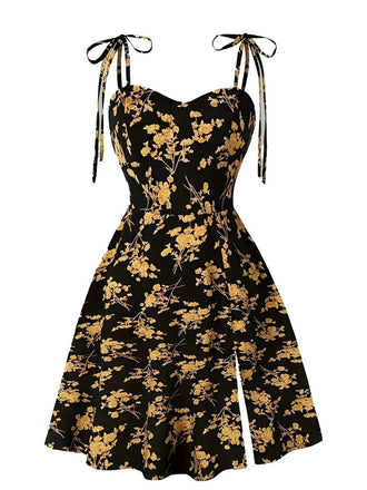 [Große Größen] Orange 1940er Kleine Blumen Spaghetti Träger Schnürung Kleid