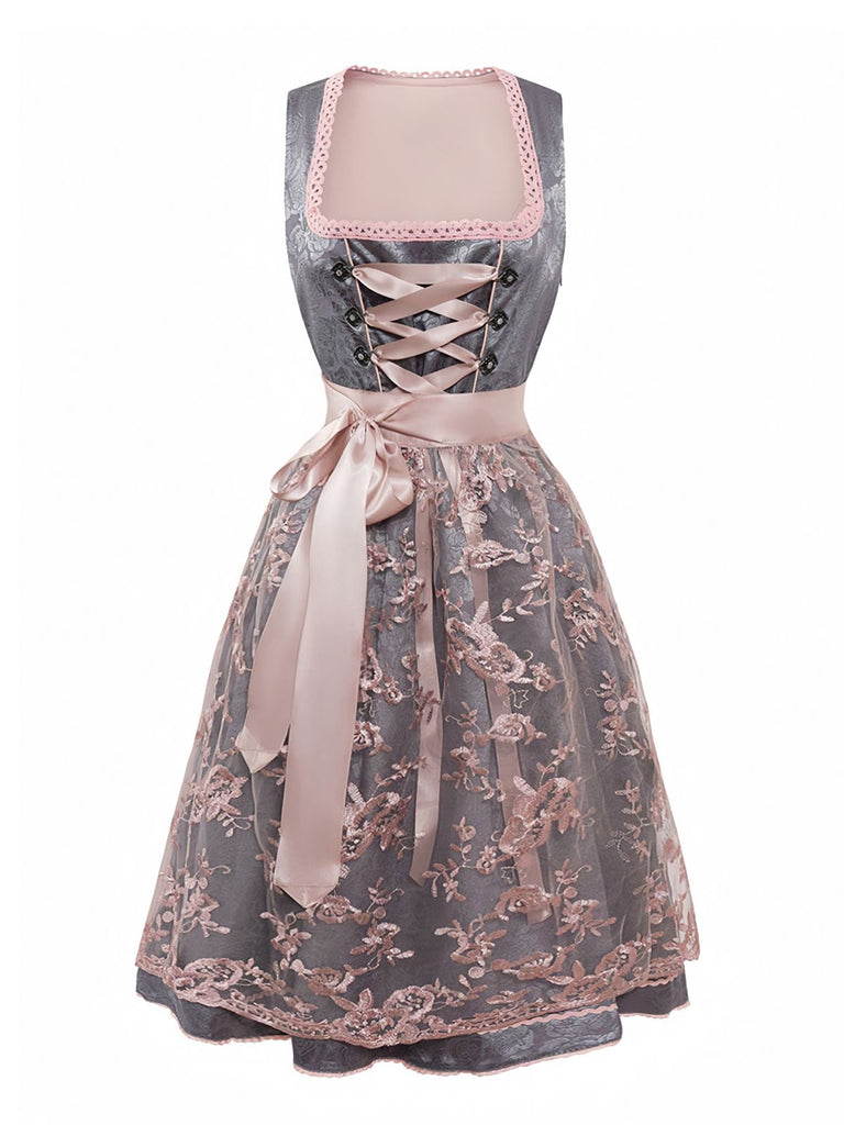 2PCS Rosa 1950er Oktoberfest Dirndl Blumen Jacquard Kleid & Schürze
