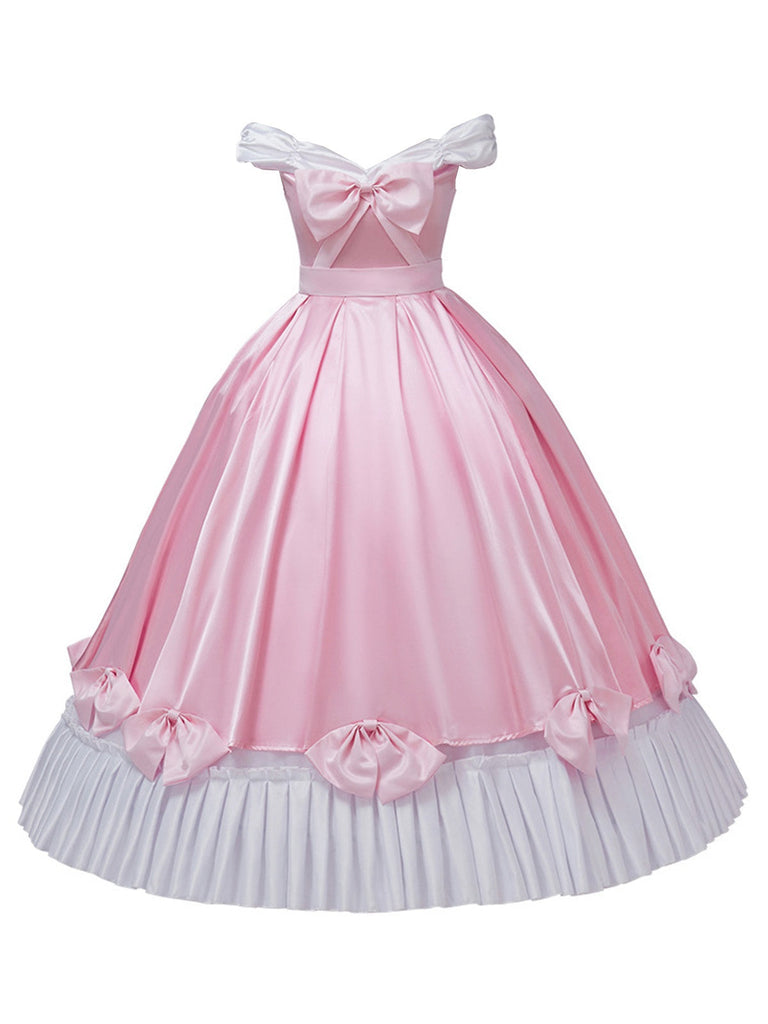 Rosa 1950er Schulterfrei Plissiertes Satin Bogen Prinzessin Kleid