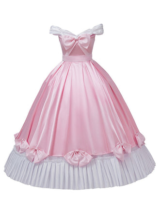 Rosa 1950er Schulterfrei Plissiertes Satin Bogen Prinzessin Kleid