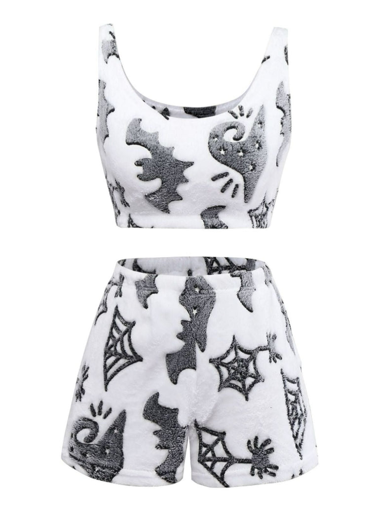 2PCS Weiß 1970er Glühend Halloween Spinne Flanell Pyjama