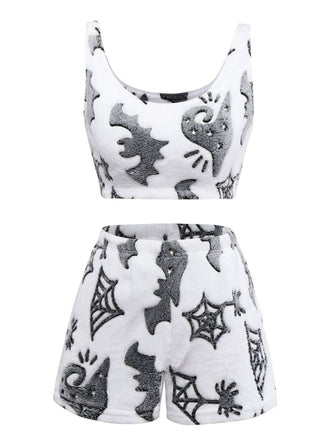 2PCS Weiß 1970er Glühend Halloween Spinne Flanell Pyjama