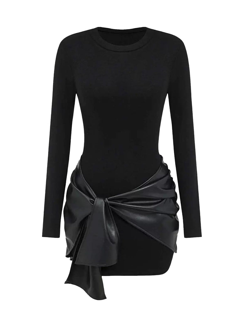 1980er Faux Leder Bogen Langarm Kleid