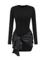 1980er Faux Leder Bogen Langarm Kleid