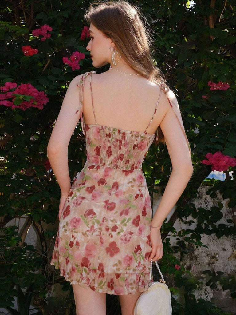 1960er Spaghetti Träger Blumen Rüschen Kleid