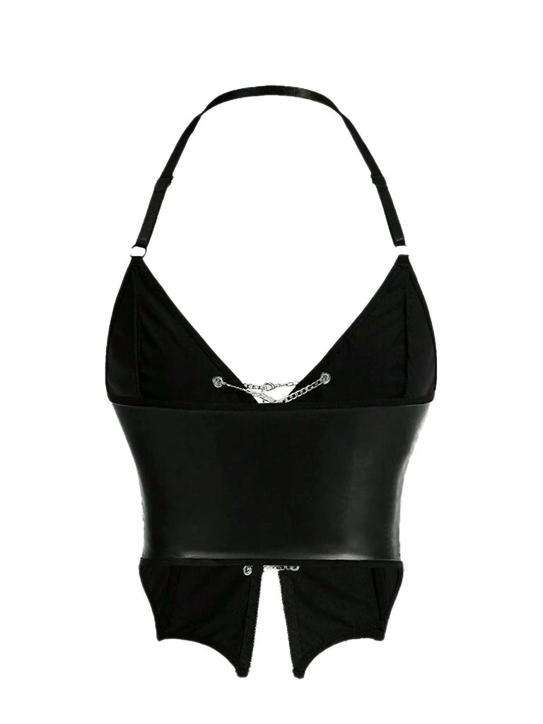 Schwarz 1980er Gothic Kreuz Kordelzug Chain Halter Korsett