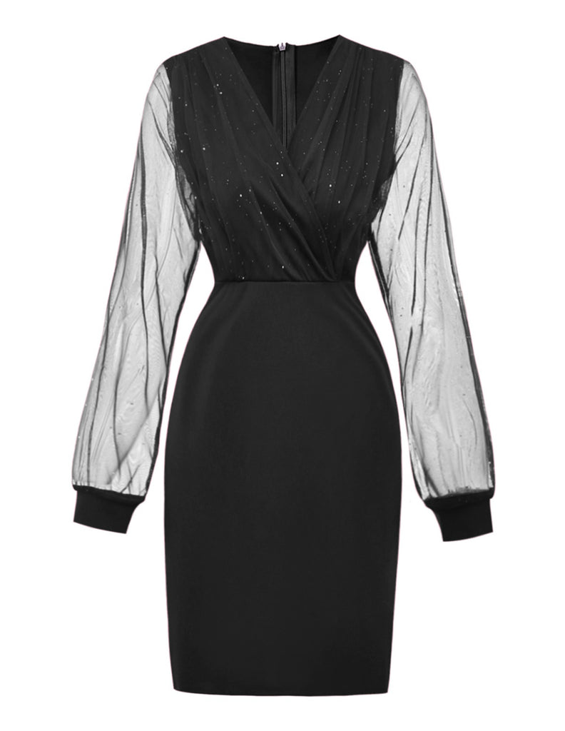 1960er Solide Glitzer V-Ausschnitt Netz Körperbetont Kleid