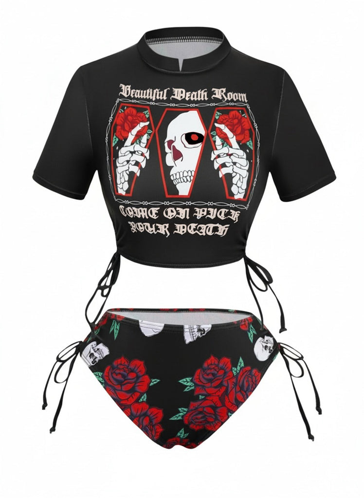 1980er Totenkopf Rose Grafik Tankini Set
