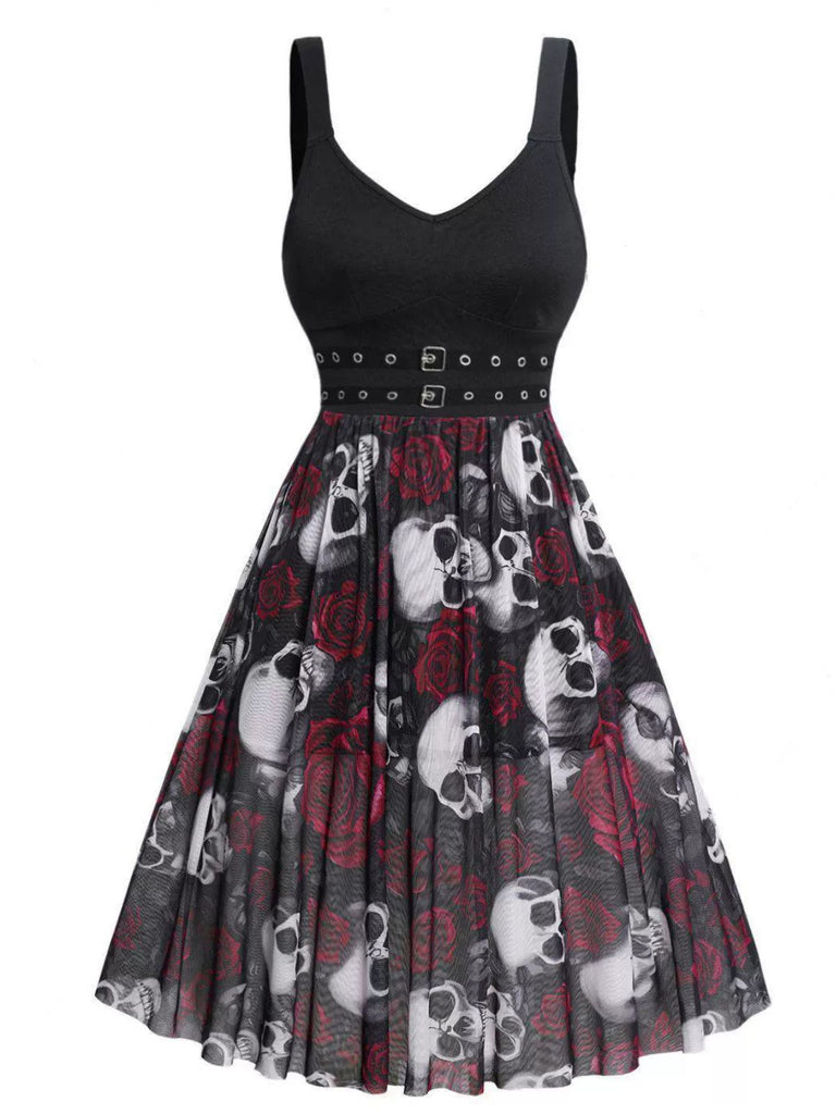 Schwarz 1950er Halloween Träger Schädel Rose Kleid
