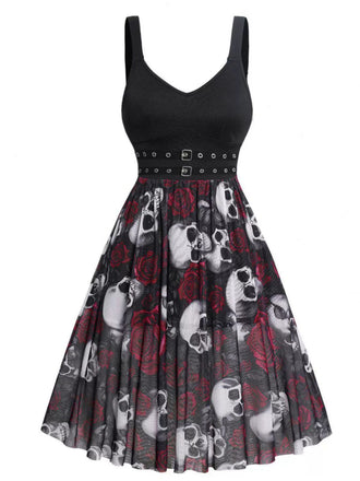 Schwarz 1950er Halloween Träger Schädel Rose Kleid