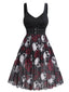 Schwarz 1950er Halloween Träger Schädel Rose Kleid