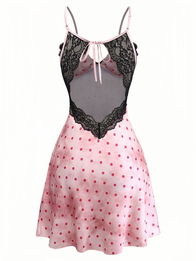 Rosa 1940er Satin Polka Dot Spitze Besatz Rückenfrei Nachthemd
