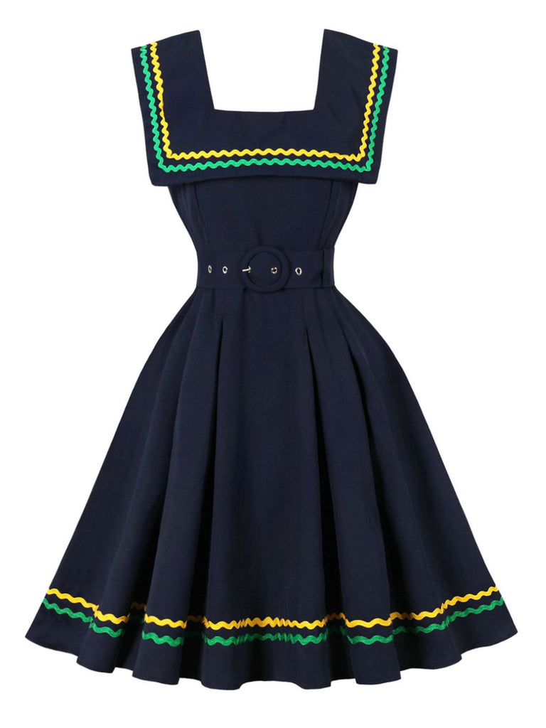 Marineblau 1950er Quadratischer Hals Wellig Streifen Ärmellos Kleid
