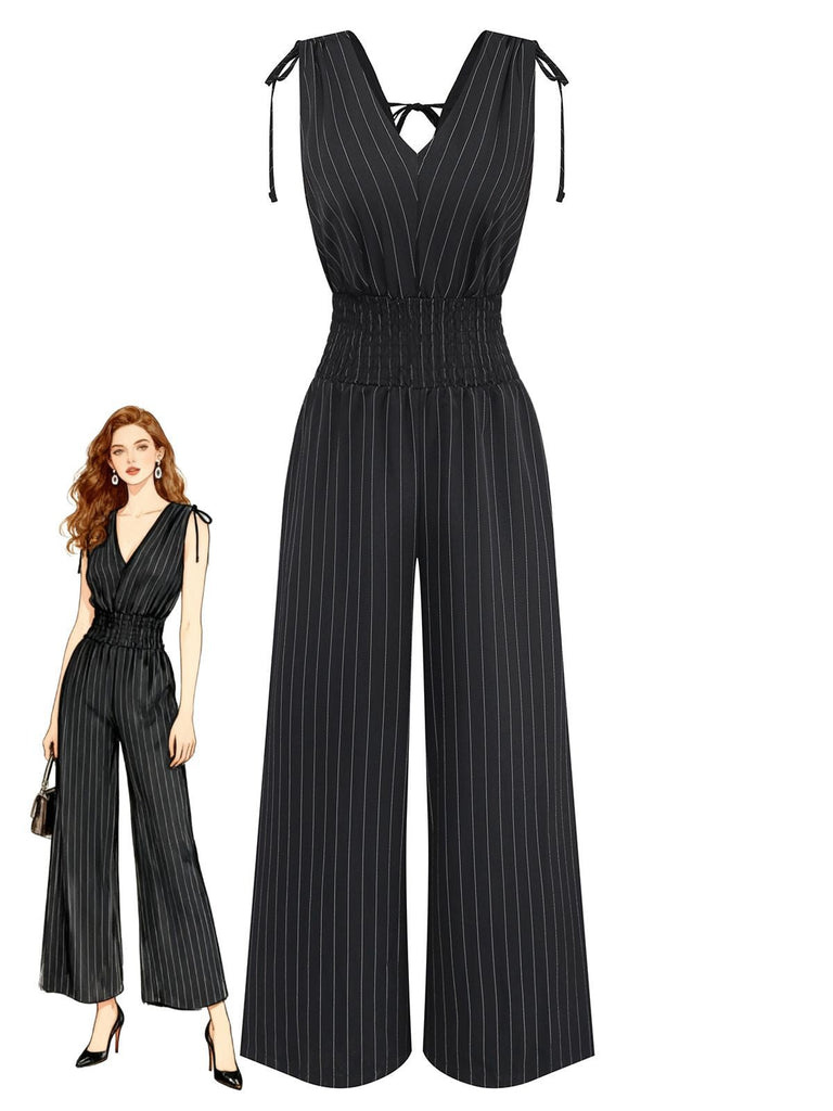 Schwarz 1950er Streifen Schulter-Bindung Gesmokt Taille Jumpsuit