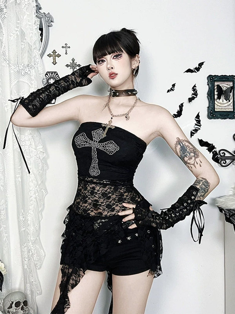 Schwarz 1980er Kreuzen Strassstein Spitze Trägerlos Tank Top