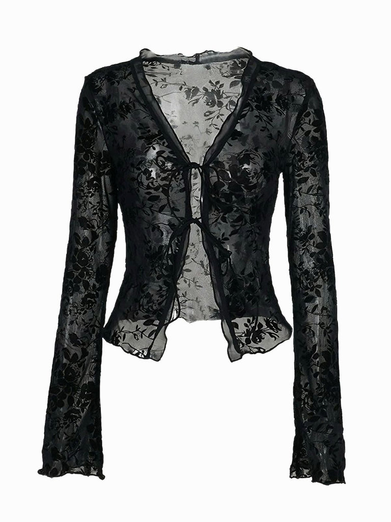 Schwarz 1960er Wasserlöslich Spitze Sheer Top