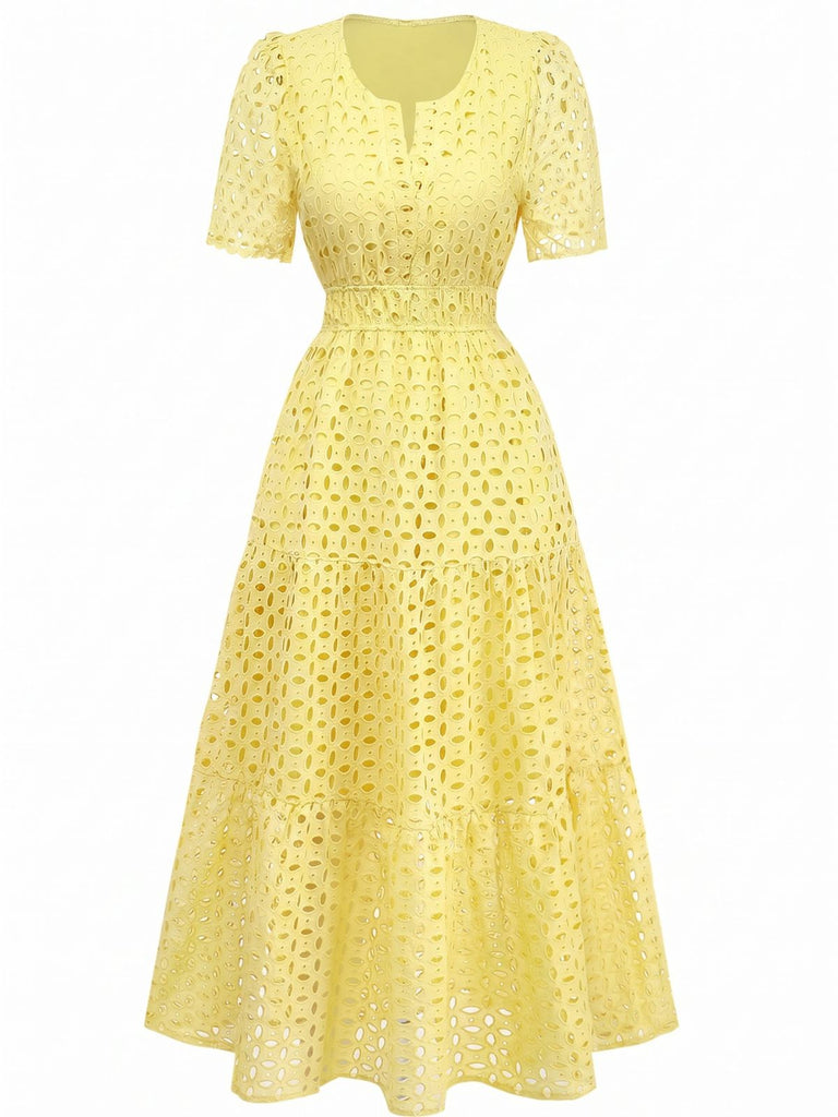 1940er Ösen Spitze V-Ausschnitt Gestuft Maxi Kleid