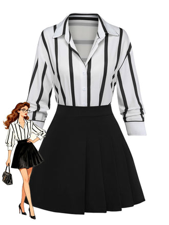 60er 2PCS Hemd & Plisseerock mit Streifen