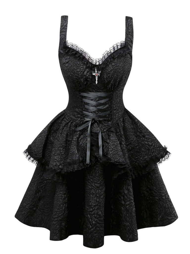 Schwarz 1950er Gothic Spitzen Bogen Tie Schnürung Kleid