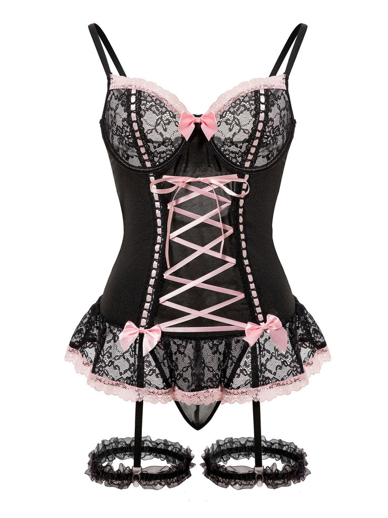 1970er Kontrastiert Spitze Netz Bogen Schnürung Dessous Set