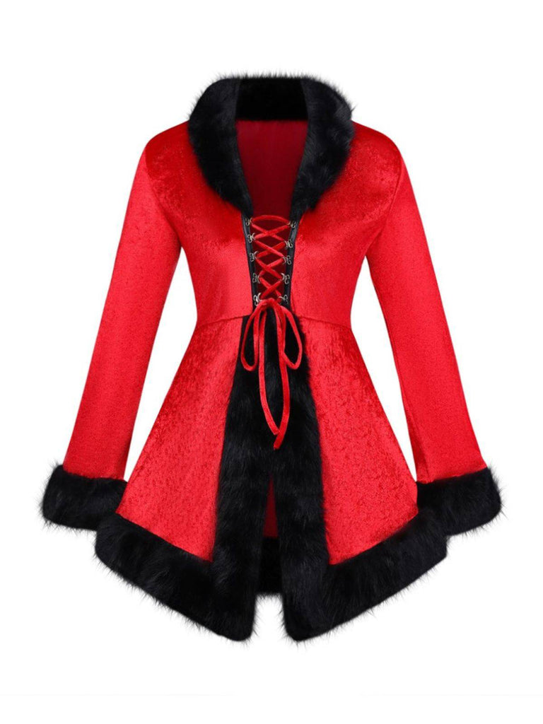 Rot 1970er Weihnachten Pelzbesatz Schnürung Samt Kleid