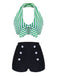 [Plus Size] Grüner Retro Halter Streifen Bikini Set