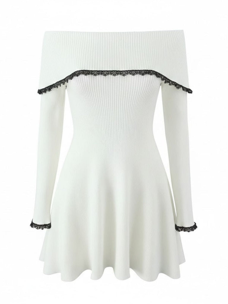 Weiß 1970er Schulterfrei Spitze Stricken Kleid