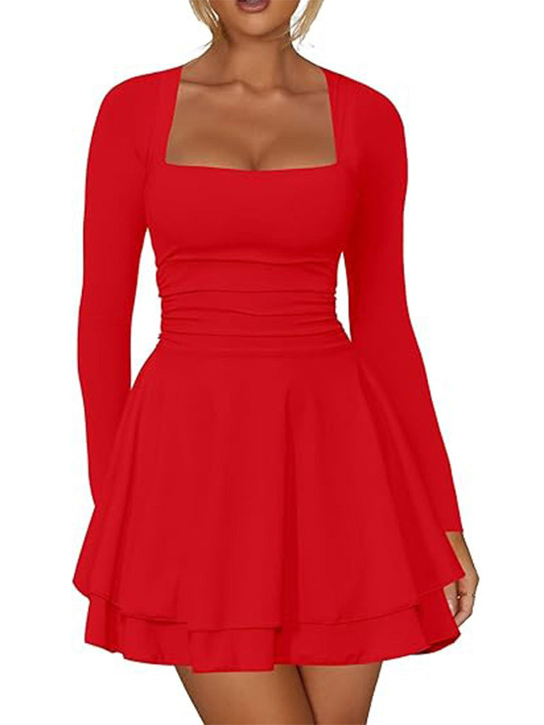 1980er Solide Tailliert Quadratischer Hals Langarm Kleid