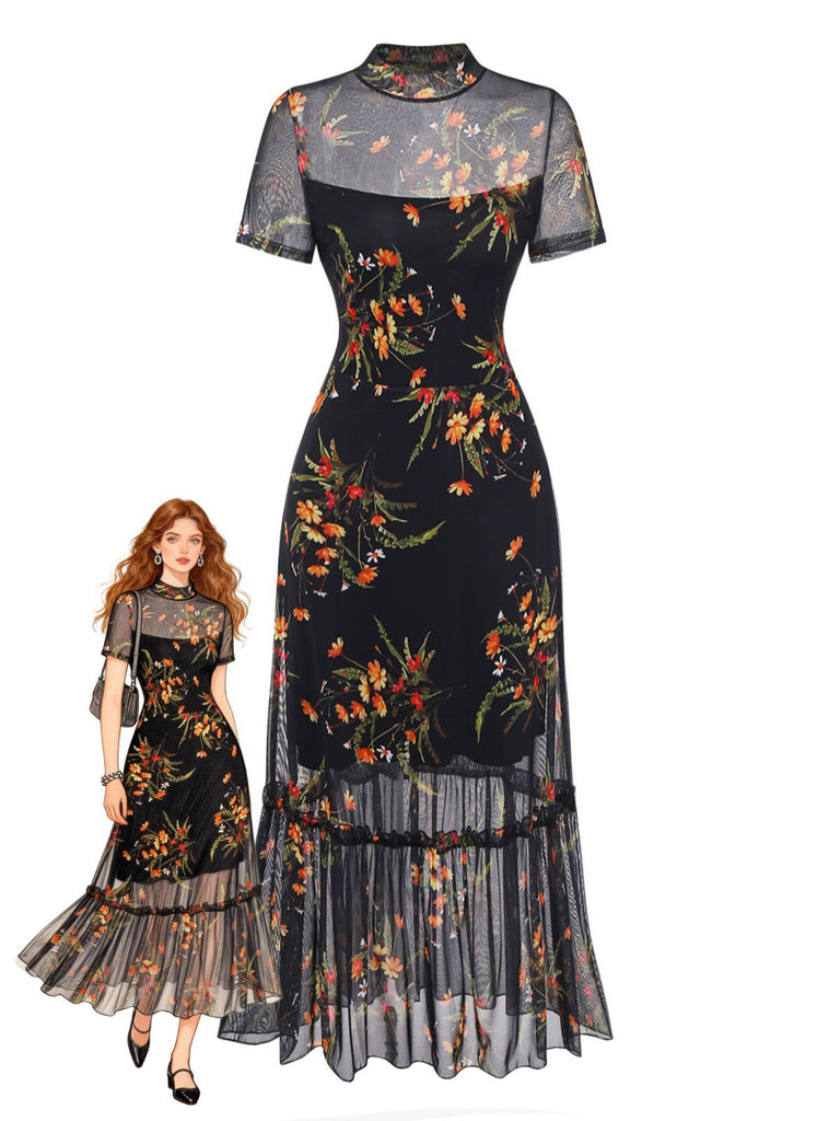 Schwarz 1930er Blumen Netz Rüsche Midi Kleid